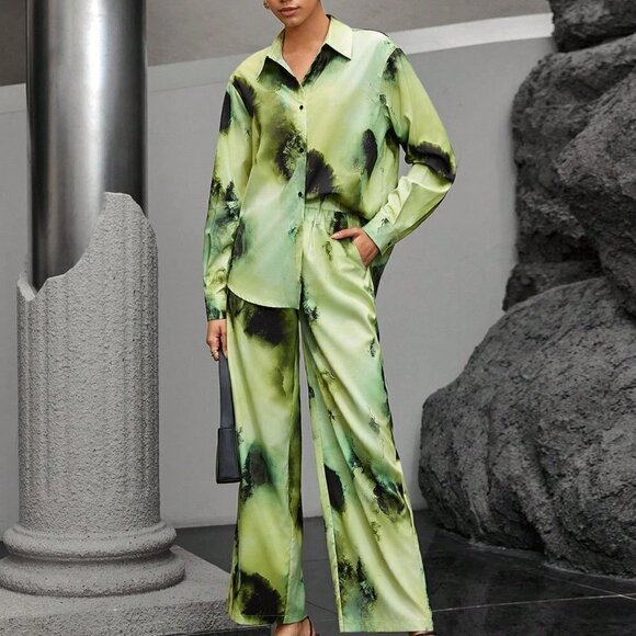 Green Casual Women's Tie-dye Drop Shoulder Shirt And Pants Two-piece Set - Picture 3 of 4